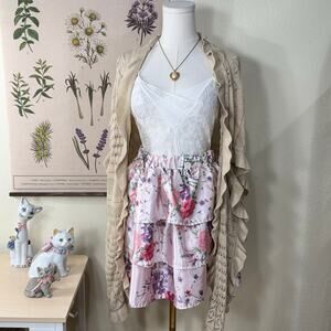 Floral Satin Tiered Ruffle Mini Skirt Coquette Garden Party Dollette Lolita S M